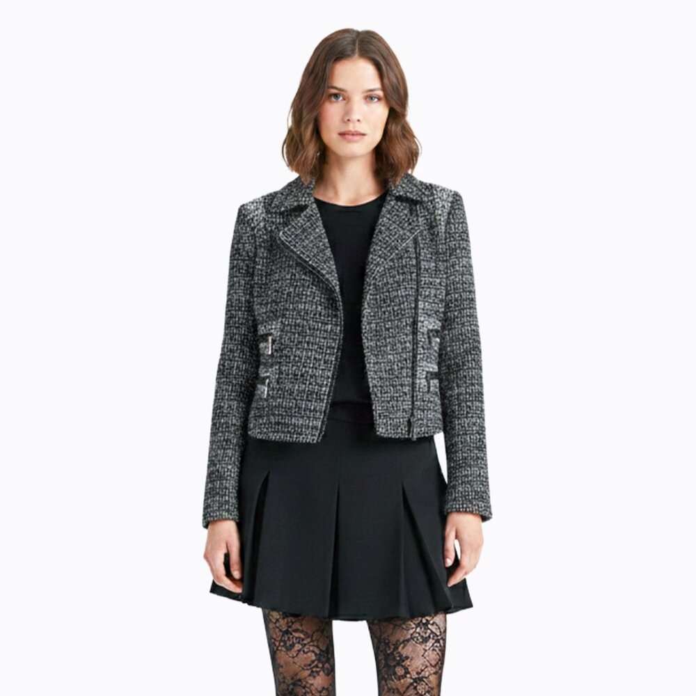 Tweed Cropped Moto Blazer Sz 2 Asymmetrical Zip BxW Academia Office Siren Preppy